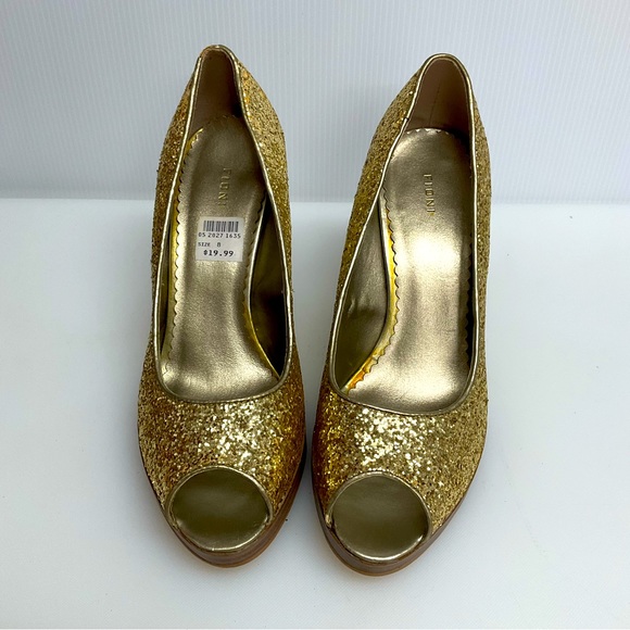 FIONI sz 8 Heels Open Toe Slight Platform Glitter Sparkly GOLD - Picture 2 of 11